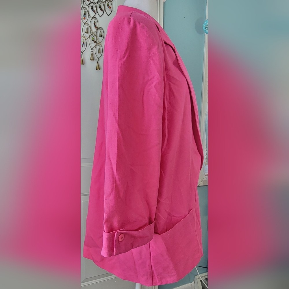 Vintage 80's Oversized Blazer Women's 14 Pink Cropped Sleeve Linen Like w/ Pocke - Picture 4 of 12
